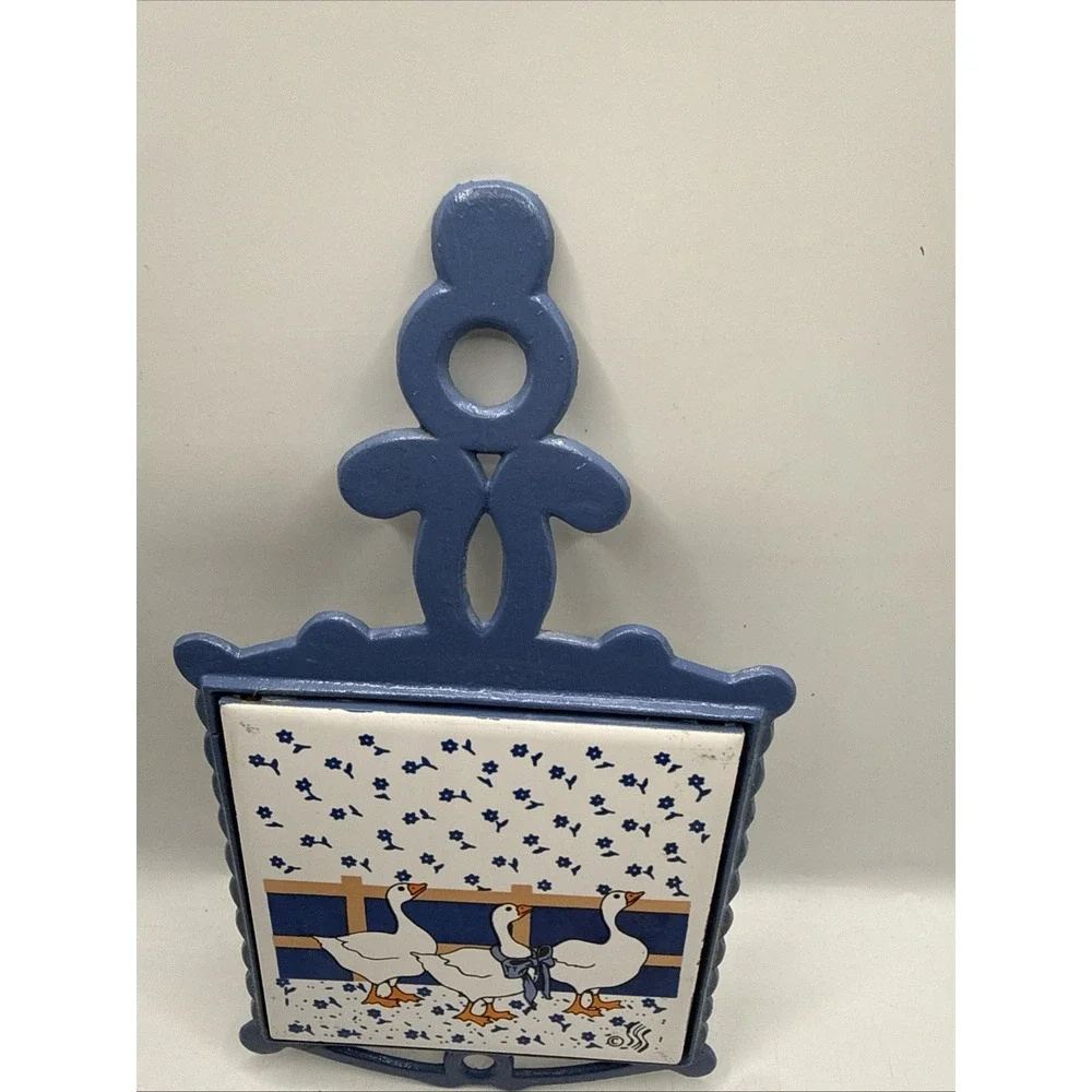 Cast Iron Ceramic Tile Trivet, Blue Ducks Vintage Cottage Core Duck